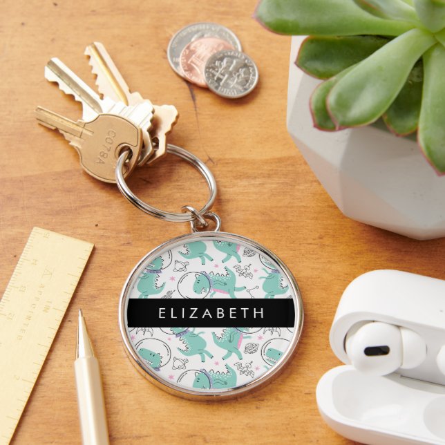 Space Dinosaurs, Cute Dinosaurs, Stars, Your Name Keychain (Desk)