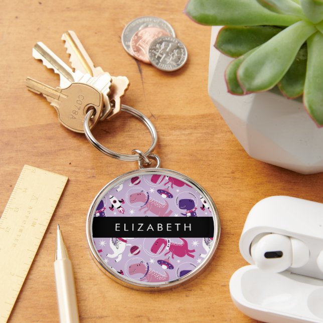 Space Dinosaurs, Cute Dinosaurs, Stars, Your Name Keychain (Desk)
