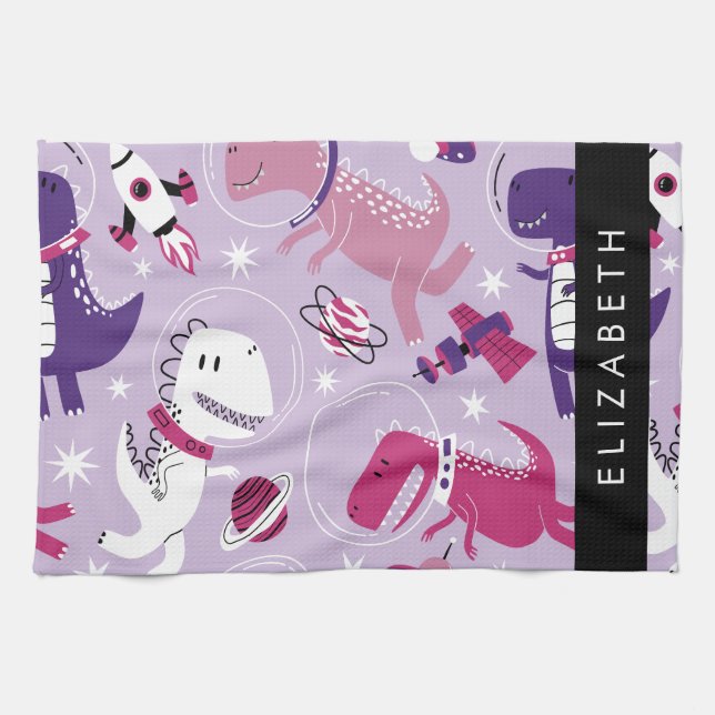 Space Dinosaurs, Cute Dinosaurs, Stars, Your Name Kitchen Towel (Horizontal)