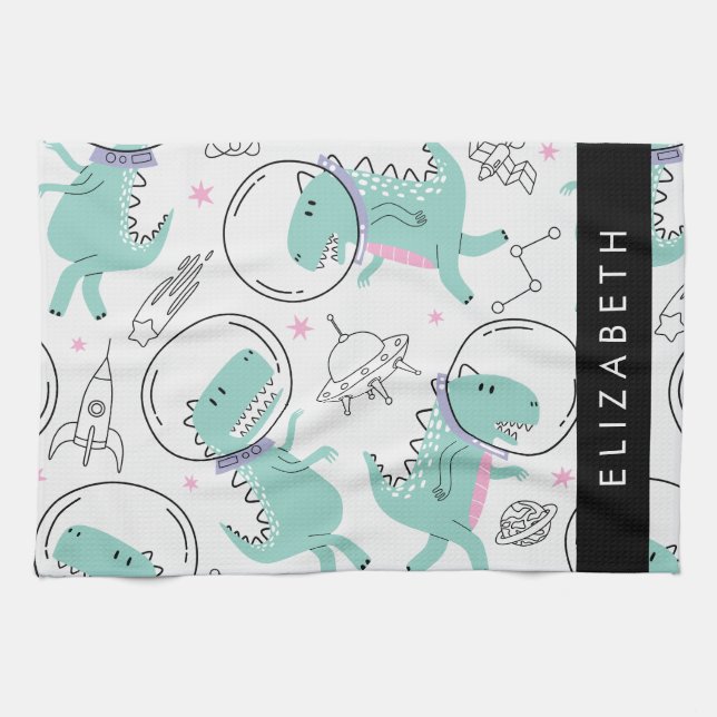 Space Dinosaurs, Cute Dinosaurs, Stars, Your Name Kitchen Towel (Horizontal)