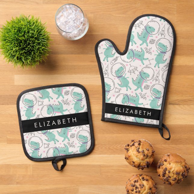 Space Dinosaurs, Cute Dinosaurs, Stars, Your Name Oven Mitt & Pot Holder Set (Top Down)