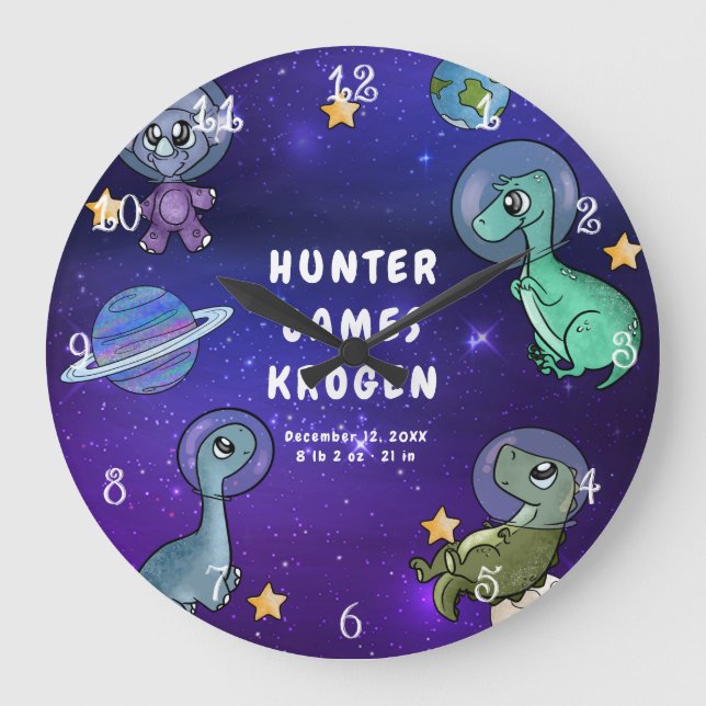 Space Dinosaurs Galaxy Planets Stars Baby Nursery Large Clock (Front)
