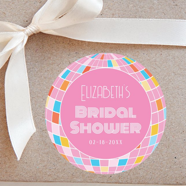 Space Disco Pink Bridal Shower Party Classic Round Sticker (Creator Uploaded)