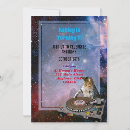 Space Dj Cat Funny Invitation