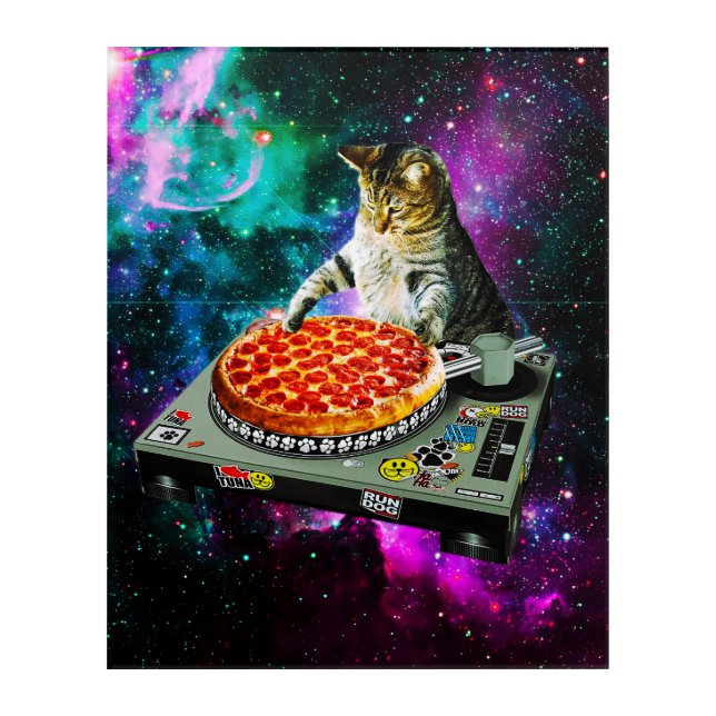 Space dj cat pizza acrylic print (Front)
