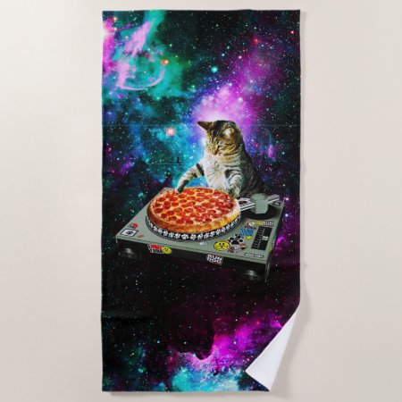 Space Dj Cat Pizza Beach Towel
