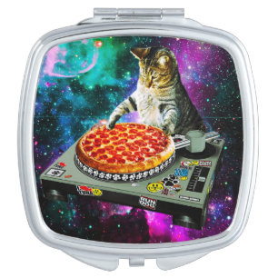 Space dj cat pizza compact mirror