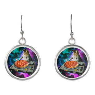 Space dj cat pizza earrings