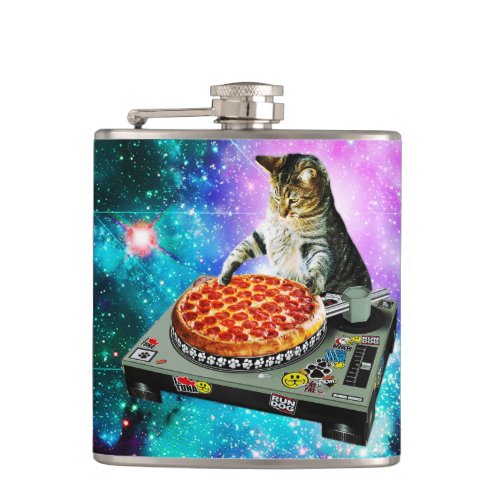Space dj cat pizza flask