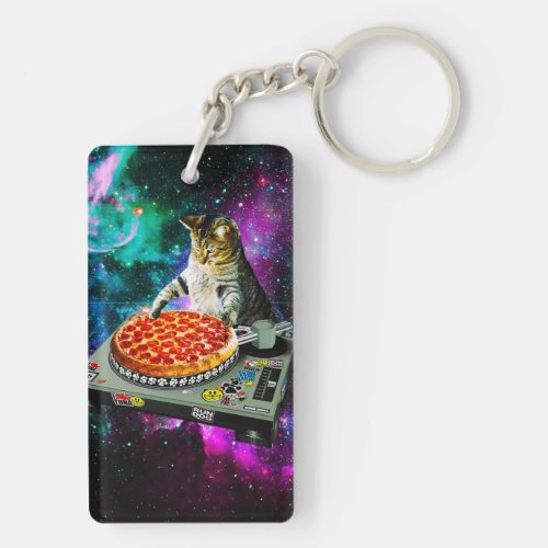 Space dj cat pizza keychain