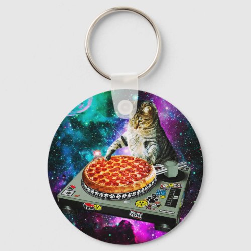 Space dj cat pizza keychain