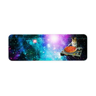 Space dj cat pizza label