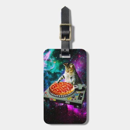 Space dj cat pizza luggage tag