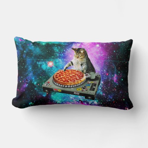 Space dj cat pizza lumbar pillow
