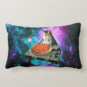 Space dj cat pizza lumbar pillow