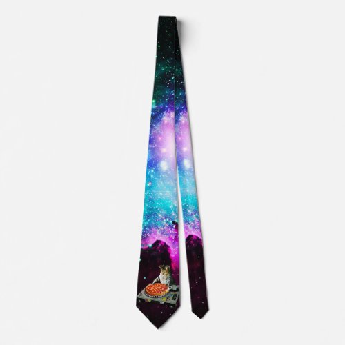 Space dj cat pizza neck tie