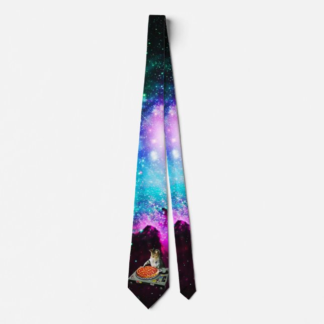 Space dj cat pizza neck tie (Front)