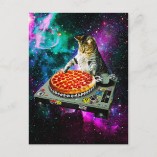 Space dj cat pizza postcard