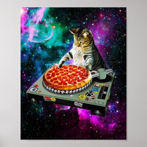 Space dj cat pizza poster