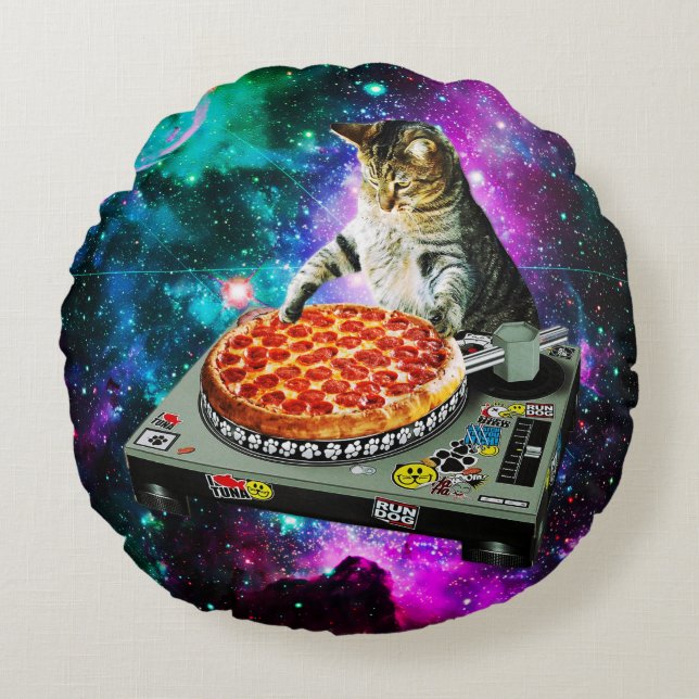 Space dj cat pizza round pillow (Front)
