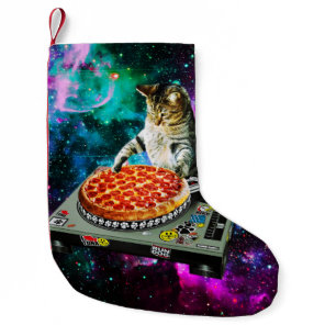Space dj cat pizza small christmas stocking