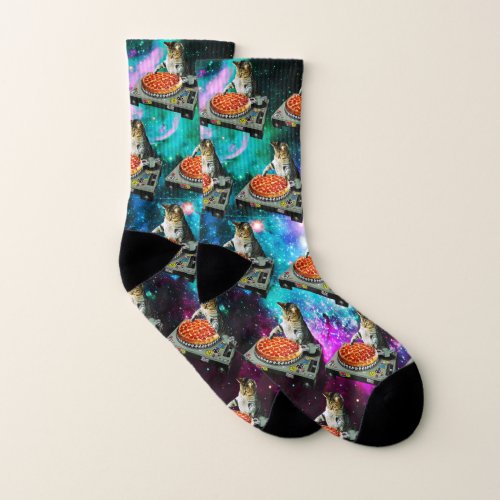 Space dj cat pizza socks