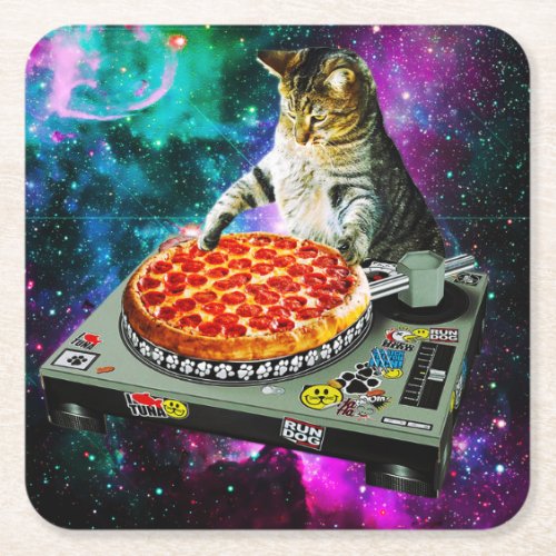 Space dj cat pizza square paper coaster