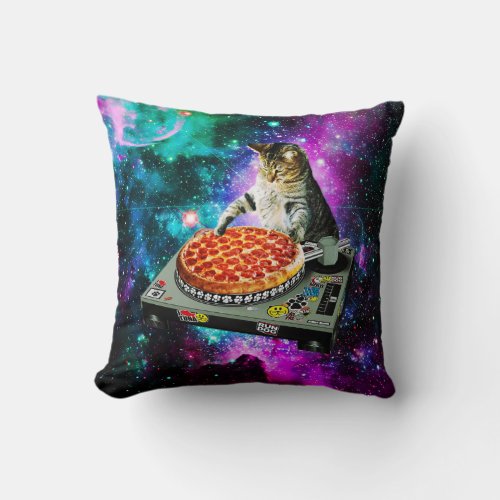 Space dj cat pizza throw pillow