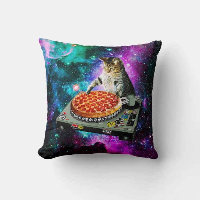 Space dj cat pizza throw pillow (Front)