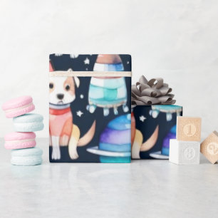 Space dogs planets galaxy universe wrapping paper