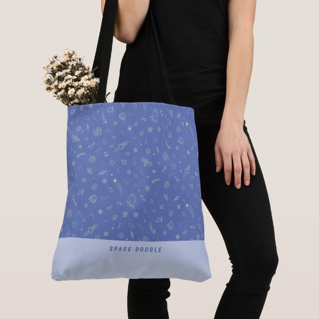 Space Doodle Lavender Blue Personalized Name Tote Bag (Close Up)