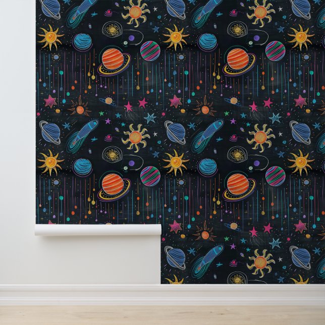 Space doodles, chalk on blackboard drawing wallpaper  (Application)
