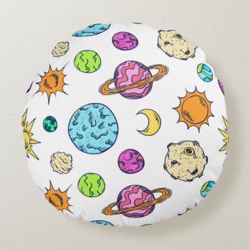 Space Doodles Cosmic Background Round Pillow