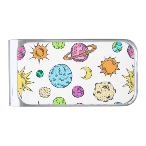 Space Doodles Cosmic Background Silver Finish Money Clip