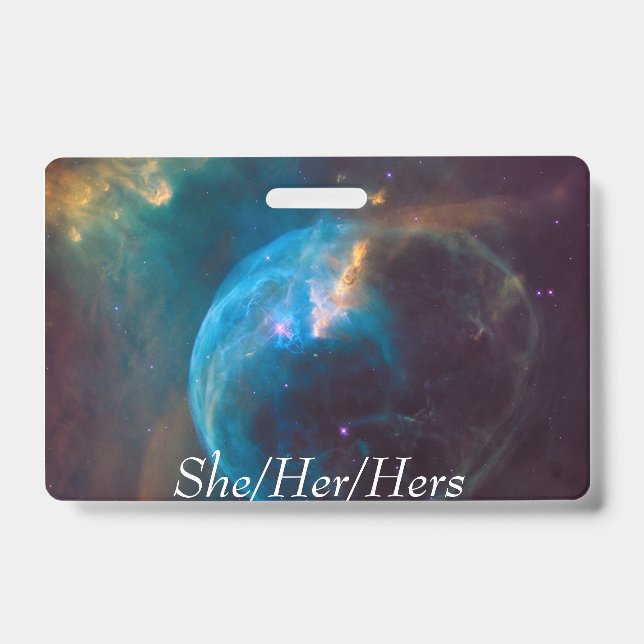 Space double sided pronoun badge (she/her/hers) (Front)