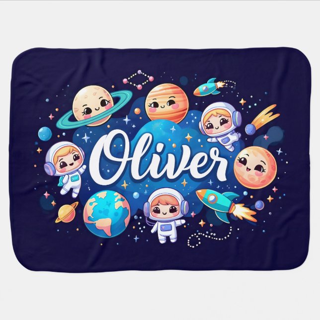  Space Dreams Oliver Personalized Baby Blanket (Horizontal)