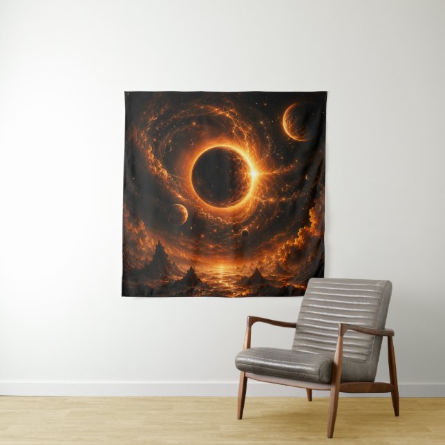 Space Eclipse Wall Art, Apocalyptic Planet Print Tapestry (In Situ)