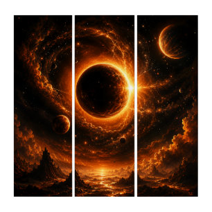 Space Eclipse Wall Art, Apocalyptic Planet Print Triptych