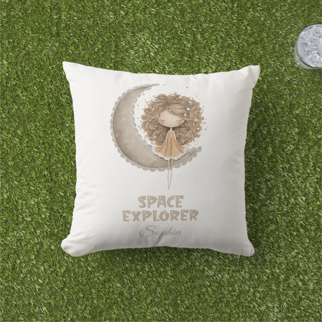 Space Explorer Fairy Moon Personalized Custom Name Outdoor Pillow (Grass)