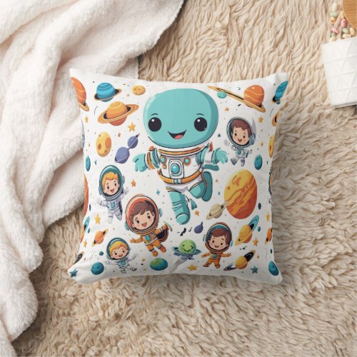 Space Explorer Kids with Cute Aliens and Planets Throw Pillow