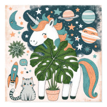 Space Explorer Unicorn with cat Kids Room Wall Art