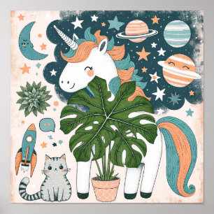 Space Explorer Unicorn with cat Kids Room Wall Art