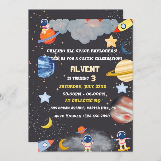 Space Explorers Birthday Invitation for Kids (Front/Back)