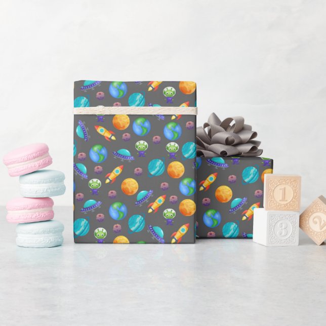 Space Explorers on Dark Gray Wrapping Paper (Baby Shower)