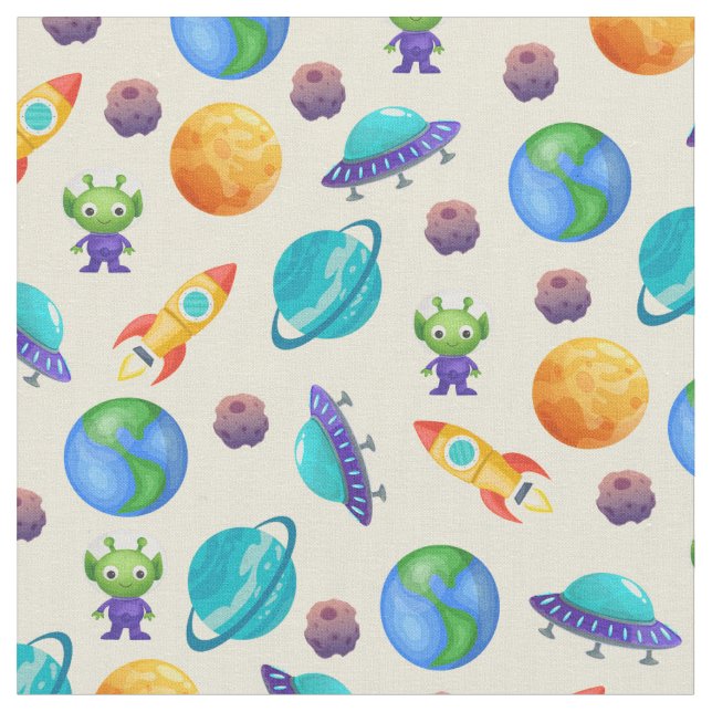 Space Explorers on Pale Yellow Fabric (Close Up)