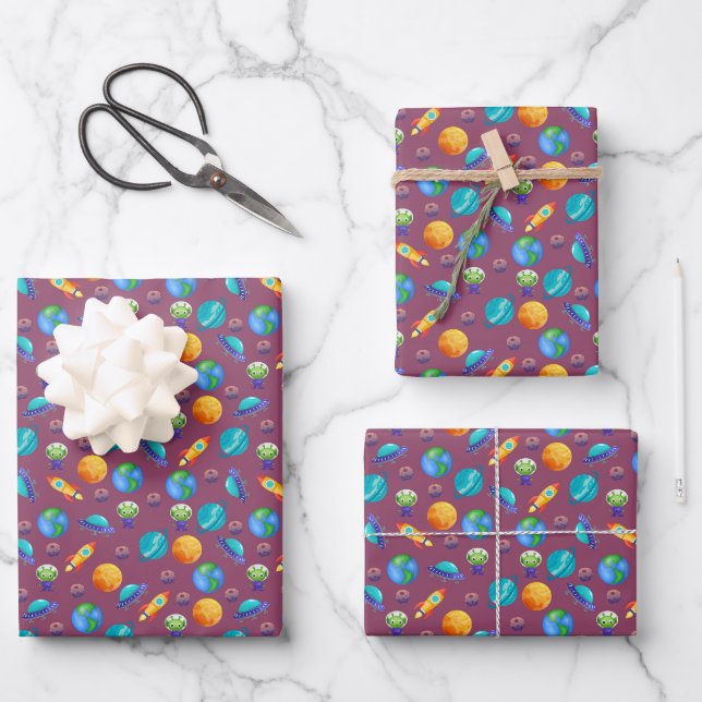Space Explorers on Ruby Purple Wrapping Paper Sheets (Front)