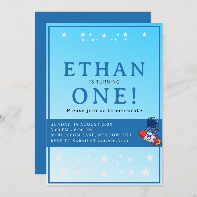 Space First Birthday Invitation – Astronaut Party (Front/Back)