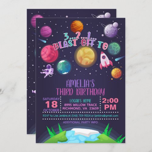 Space First Birthday Invitation _ Girl _ Blast Off