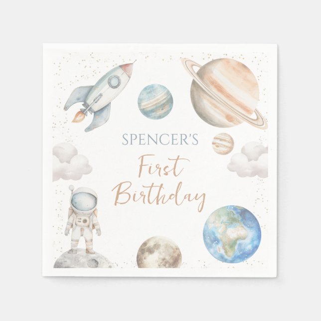 Space First Trip Around Sun Boy 1st Birthday Napkins (Front)