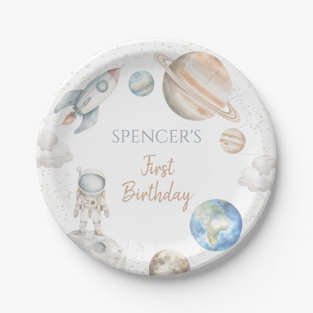 Space First Trip Around Sun Boy 1st Birthday Paper Plates (Front)